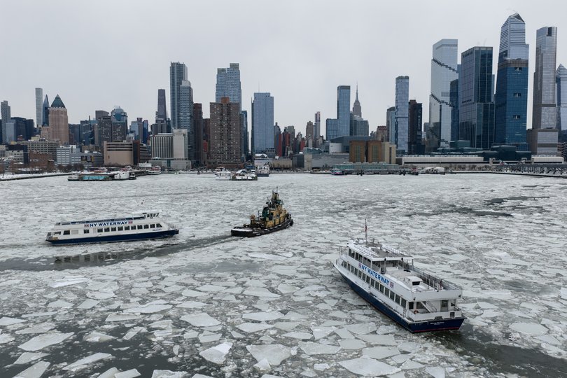 NEW YORK, NY - JANUARY 27: Ice floes and partially frozen sections of the Hudson River are seen following a heavy winter snowstorm, with the George Washington Bridge visible in the background as freezing temperatures grip New York, United States on January 27, 2026. (Photo by Lokman Vural Elibol/Anadolu via Getty Images) Picture: Anadolu