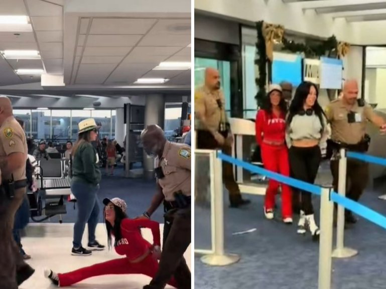 Viral footage has captured the moment two OnlyFans creators doing the split as they were taken off a flight.