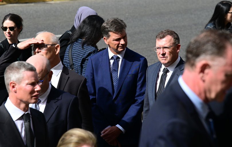 Angus Taylor arrives at the memorial for Dr Katrina Allen.
