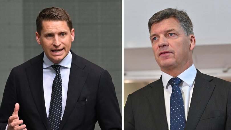 Andrew Hastie and Angus Taylor are vying for support to lead the Liberals. (Lukas Coch / Mick Tsikas/AAP PHOTOS)