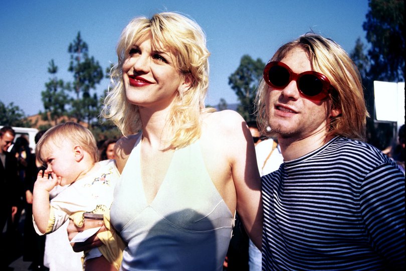 Kurt Cobain, Courtney Love and baby Frances Bean attending the 1993 MTV Music Video Awards in Los Angeles.