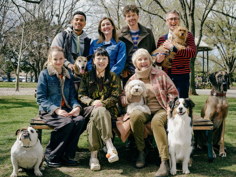 The cast of Dog Park: Ras-Samuel, Celia Pacquola, Leon Ford, Ash Flanders, Florence Gladwin, Grace Chow and Elizabeth Alexander.