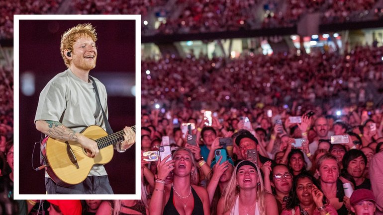 Ed Sheeran performing in front of more than 55,000 fans at Optus Stadium.