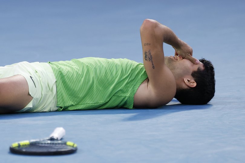 Carlos Alcaraz of Spain celebrates his victory in the Men's Singles Semifinal.