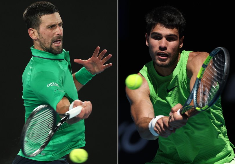 FILE PHOTO (EDITORS NOTE: COMPOSITE OF IMAGES - Image numbers 2259029828, 2257705422) In this composite image a comparison has been made between Novak Djokovic of Serbia (L) and Carlos Alcaraz of Spain. They will meet in the Australian Open Men’s Final on February 1,2026 at Melbourne Park in Melbourne, Australia.***LEFT IMAGE*** MELBOURNE, AUSTRALIA - JANUARY 30: Novak Djokovic of Serbia plays a forehand in the Men's Singles Semifinal against Jannik Sinner of Italy during day 13 of the 2026 Australian Open at Melbourne Park on January 30, 2026 in Melbourne, Australia. ***LEFT IMAGE*** MELBOURNE, AUSTRALIA - JANUARY 23: Carlos Alcaraz of Spain plays a backhand against Corentin Moutet of France in the Men's Singles Third Round during day six of the 2026 Australian Open at Melbourne Park on January 23, 2026 in Melbourne, Australia. (Photos by Clive Brunskill/Getty Images)