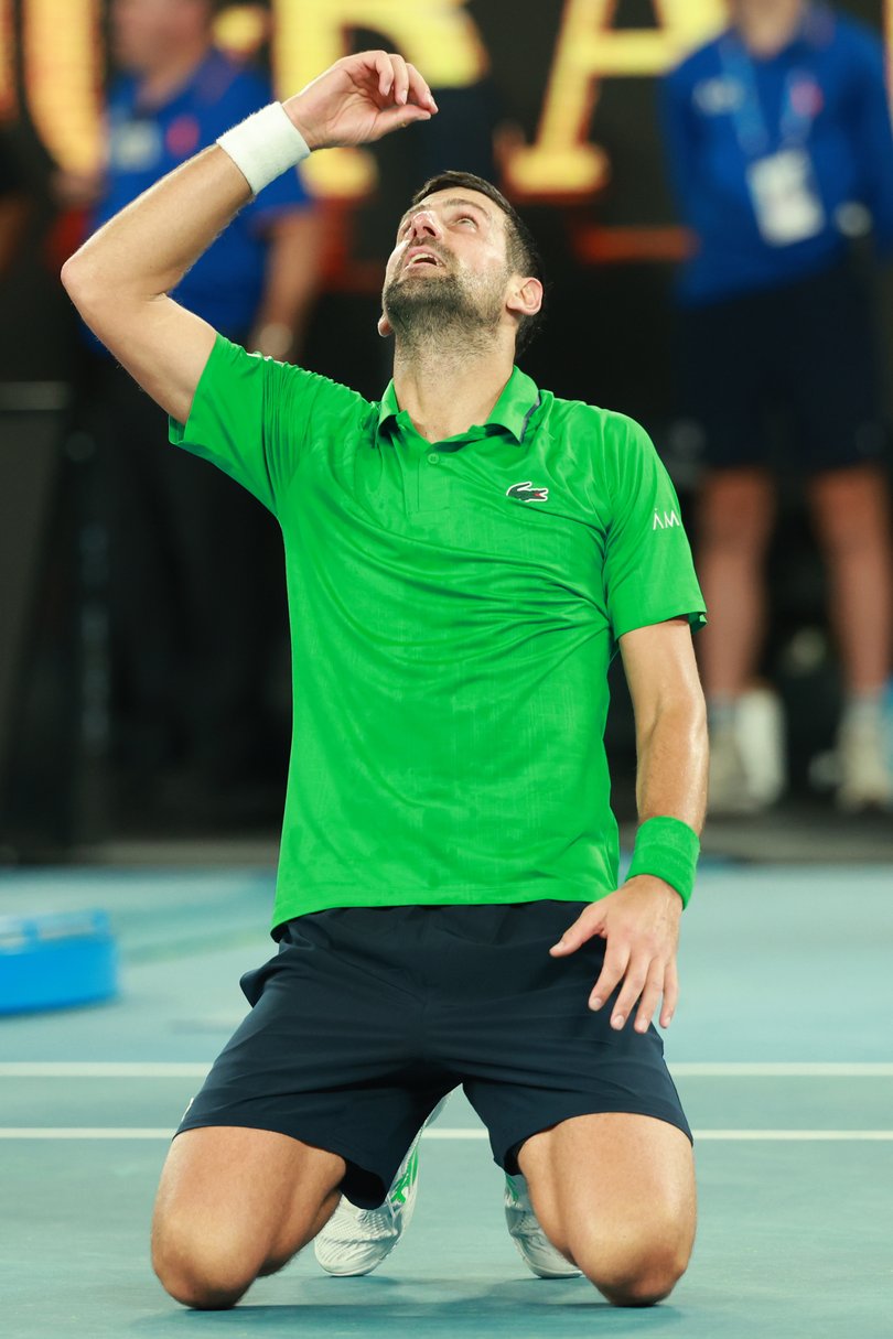 Novak Djokovic of Serbia celebrates his victory in the Men's Singles Semifinal against Jannik Sinner.