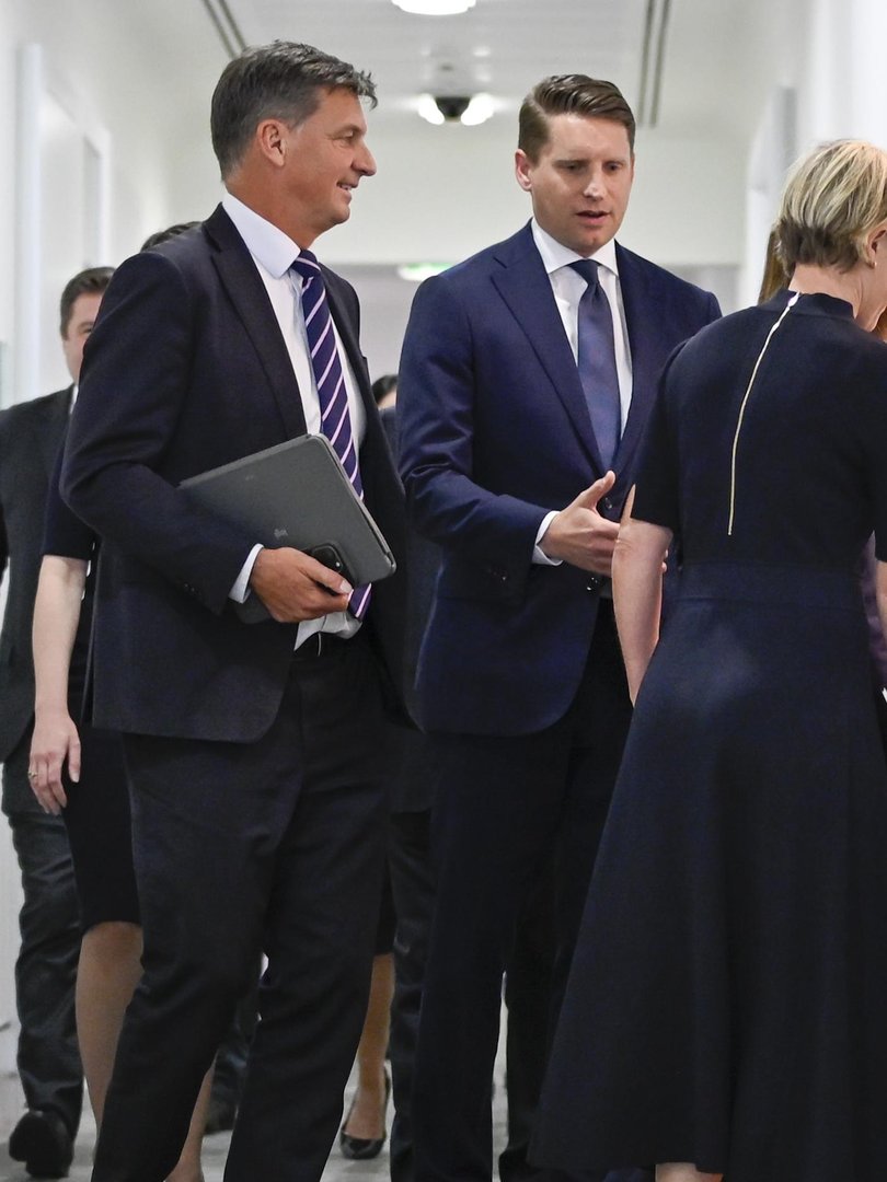 Liberal leadership aspirants Angus Taylor (left) and Andrew Hastie (right) held a secretive meeting ahead of parliament’s return. Picture: NewsWire / Martin Ollman