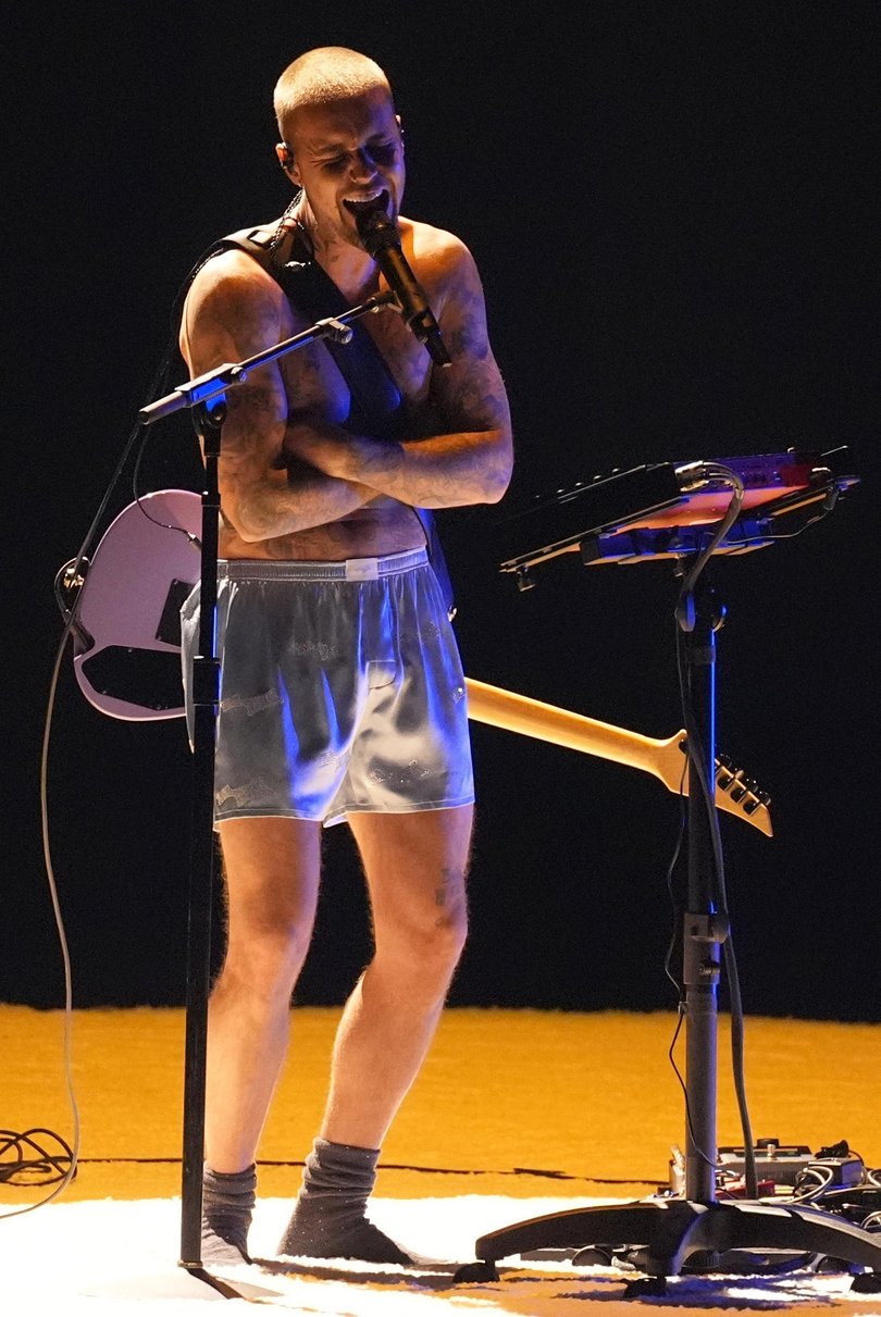 Justin Bieber performs in socks and boxer shorts. (AP Photo/Chris Pizzello) Picture: Chris Pizzello