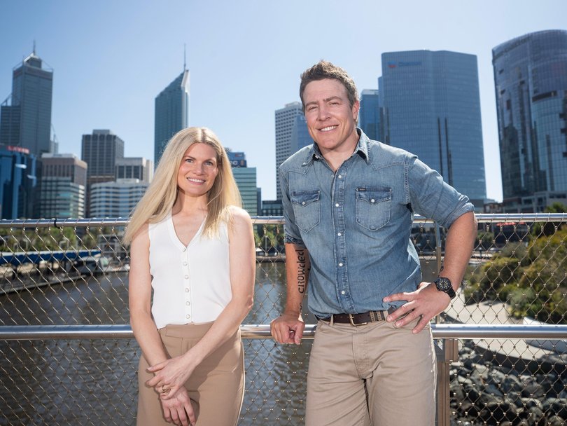 Bonnie Sveen and Stephen Peacocke pictured on the Elizabeth Quay Bridge during filming.