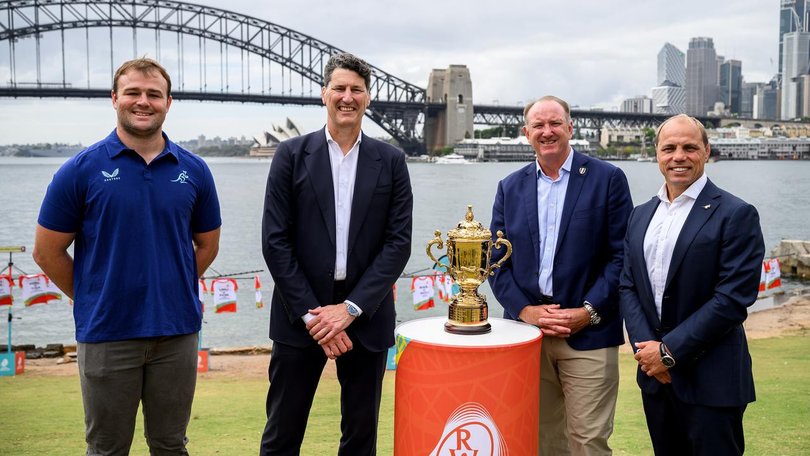 Harry Wilson, John Eales, Brett Robinson and Phil Waugh at the Rugby World Cup fixtures launch. (Bianca De Marchi/AAP PHOTOS)
