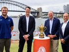 Harry Wilson, John Eales, Brett Robinson and Phil Waugh at the Rugby World Cup fixtures launch. (Bianca De Marchi/AAP PHOTOS)