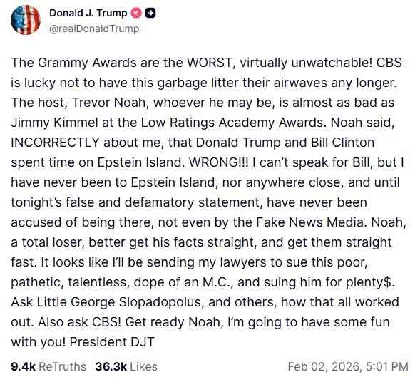 Donald Trump's Truth Social post attacking Trevor Noah.