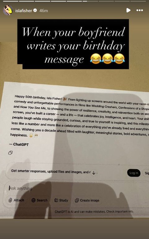 Isla Fisher's birthday message from Chat GPT.
