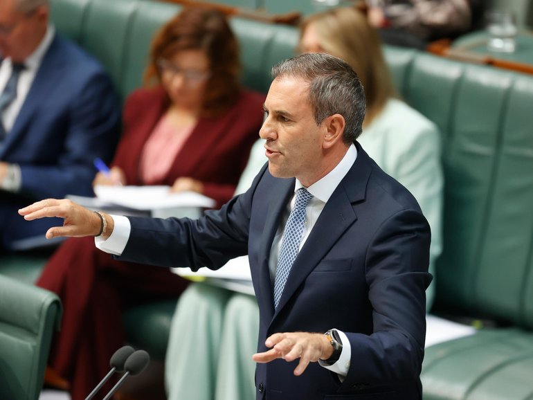 Treasurer Jim Chalmers addresses the chamber in Parliament House on Tuesday.