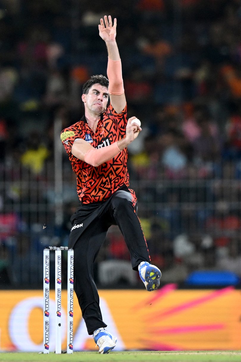 Sunrisers Hyderabad's captain Pat Cummins delivers a ball during the Indian Premier League (IPL) Twenty20 second qualifier cricket match between Sunrisers Hyderabad and Rajasthan Royals at the MA Chidambaram Stadium in Chennai on May 24, 2024. (Photo by R. Satish BABU / AFP) / -- IMAGE RESTRICTED TO EDITORIAL USE - STRICTLY NO COMMERCIAL USE --