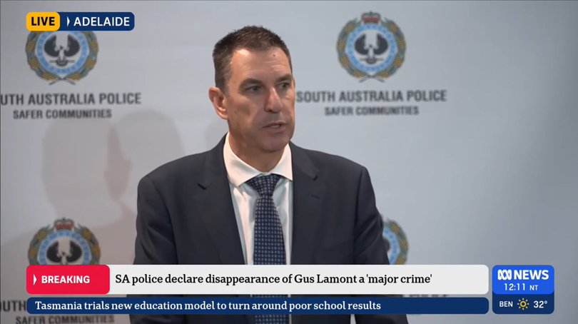 Missing boy Gus Lamont - Detective Superintendent Darren Fielke of the SA Police gives an update on the Gus Lamont case and declares it is now a major crime.