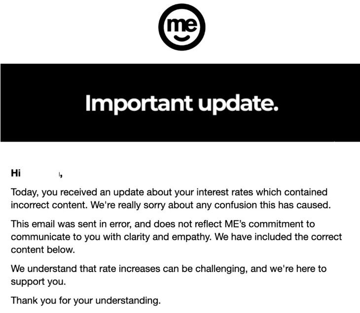 After the backlash, ME Bank followed up with an apology email clarifying the slip-up.