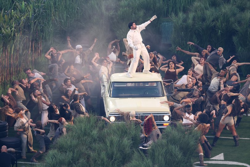 Bad Bunny performs onstage during the Apple Music Super Bowl LX Halftime Show.