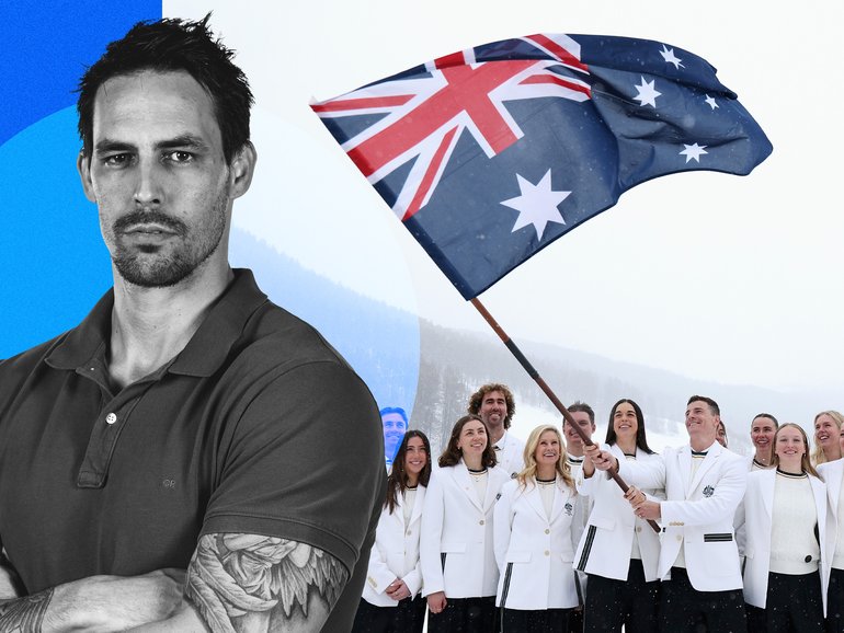 Milano Cortina 2026 Winter Olympics Australian flag bearers Jakara Anthony pose with the team. 