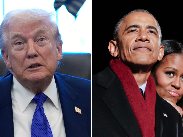 Donald Trump (left) has sparked outrage by posting a video of Barack and Michelle Obamas as apes.