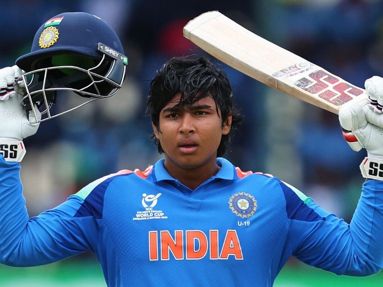 Vaibhav Sooryavanshi celebrates his century during the World Cup final. 