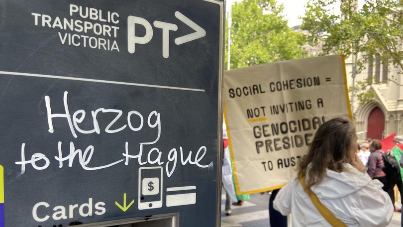 Protesters want Federal police to investigate Israeli President Isaac Herzog for alleged war crimes.