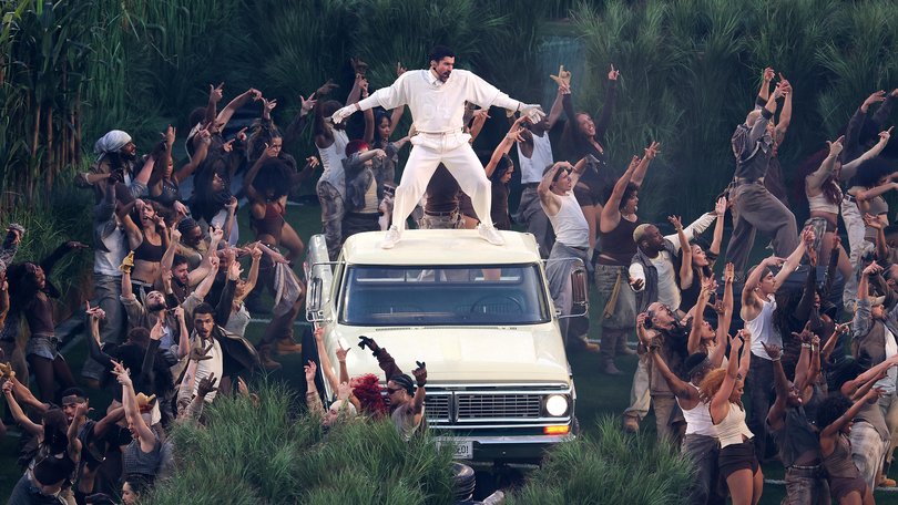 SANTA CLARA, CALIFORNIA - FEBRUARY 08: Bad Bunny performs onstage during the Apple Music Super Bowl LX Halftime Show at Levi's Stadium on February 08, 2026 in Santa Clara, California. (Photo by Ishika Samant/Getty Images) Ishika Samant
