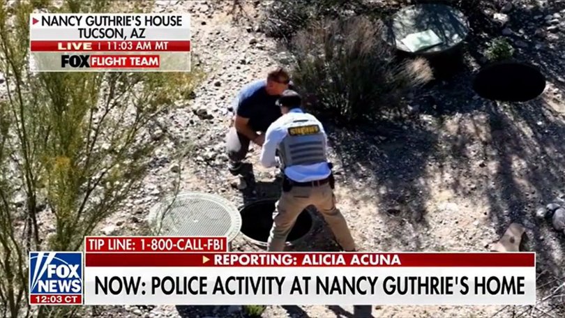 As the hunt for missing Nancy Guthrie approaches its second week, investigators were seen searching a septic tank at her home in Tucson, Arizona, on Sunday. Footage captured law enforcement using a pole to check inside a manhole behind Nancy's $1million house, amid mounting fears that time is running out to find the 84-year-old mother of Today show anchor Savannah Guthrie alive and well. Picture: Fox News