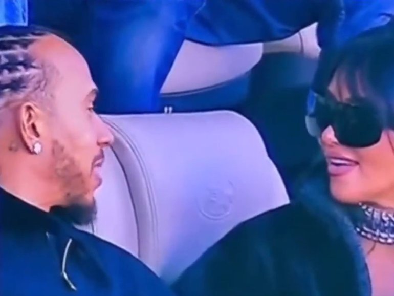 Lewis Hamilton and Kim Kardashian at the Super Bowl.