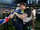 Hollywood star Chris Pratt and Aussie punter Michael Dickson embrace after Seattle’s Super Bowl win.