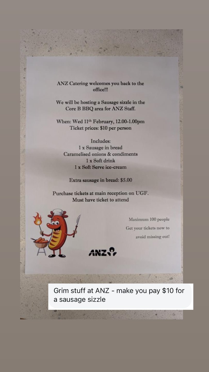 ‘ANZ Catering welcomes you back to the office!’ an office sign reportedly said.