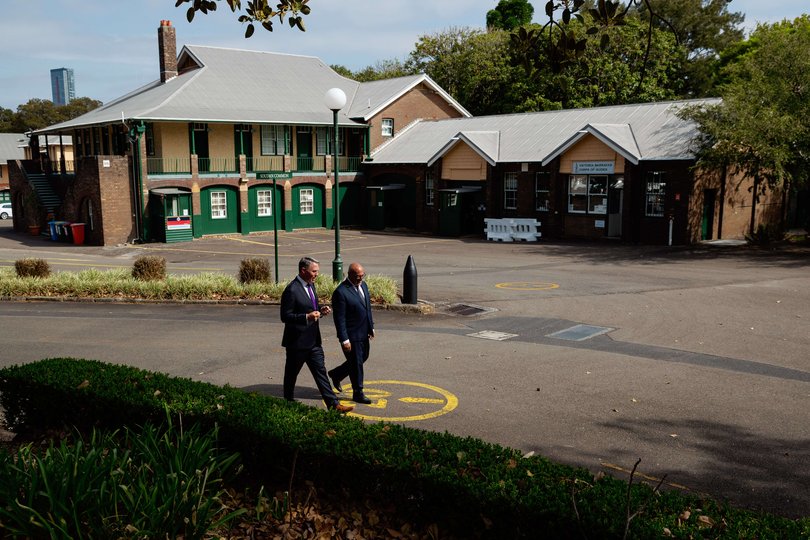 Acting Prime Minister Richard Marles and Assistant Minister for Defence Peter Khalil tour the historic Victoria Barracks in Paddington which will be sold off under a new proposal. Picture: NewsWire / Max Mason-Hubers