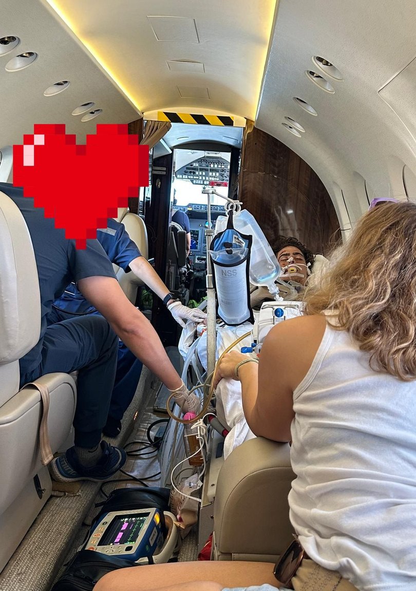 “We have arrived in a Beautiful Hospital. Scan completed and treatment has begun,” Ms Duggan shared on Facebook alongside a picture of her son being transferred in a small plane.