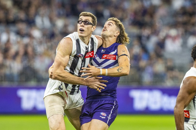 Mason Cox rucks for Collingwood against new Dockers teammate Luke Jackson.