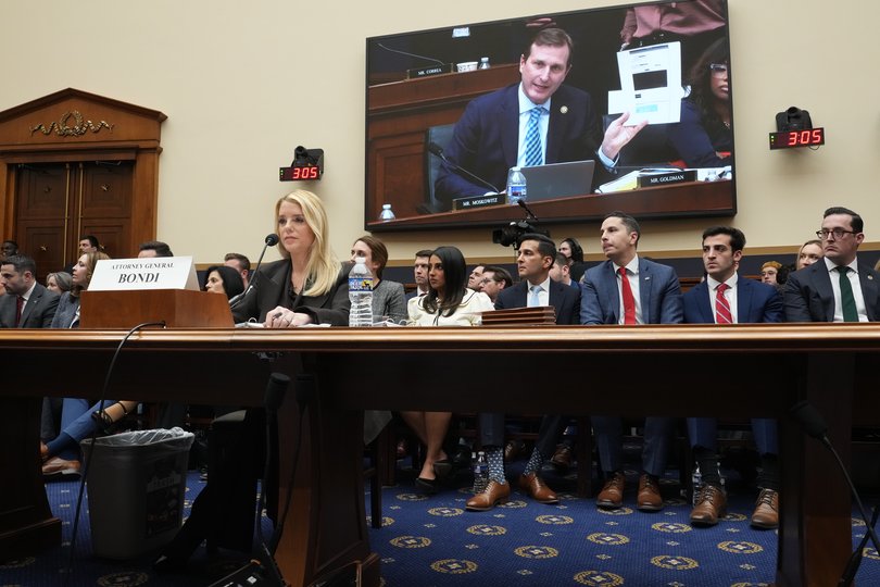 A monitor shows Rep. Dan Goldman (D-N.Y.) holding up a redacted file as Attorney General Pam Bondi testified at a House Judiciary Committee hearing on Capitol Hill in Washington, on Wednesday, Feb. 11, 2026. Bondi faced bipartisan skepticism over her handling, and perceived bungling, of the release of the investigative files related to the convicted sex offender Jeffrey Epstein. (Eric Lee/The New York Times)