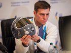 Vladyslav Heraskevych, a Ukrainian skeleton athlete, holds the helmet that led to his disqualification from the 2026 Milan Cortina Winter Olympics, at a press conference at the Ukrainian General Consulate in Milan on Thursday, Feb. 12, 2026. The IOCÕs decision to disqualify Heraskevych over his helmet honoring countrymen killed in the war with Russia touched off the biggest crisis of the Games in Italy. (Vincent Alban/The New York Times)