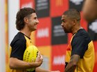 Liam Baker (left) and Bradley Hill warm up during the 2026 AFL Origin