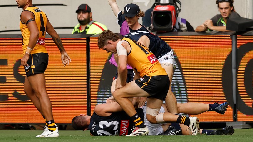 Jacob Weitering of Victoria is seen injured during the 2026 AFL Origin match.