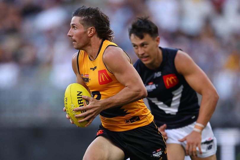 PERTH, AUSTRALIA - FEBRUARY 14: Liam Baker of Western Australia in action during the 2026 AFL Origin match between Western Australia and Victoria at Optus Stadium on February 14, 2026 in Perth, Australia. (Photo by Paul Kane/Getty Images)
