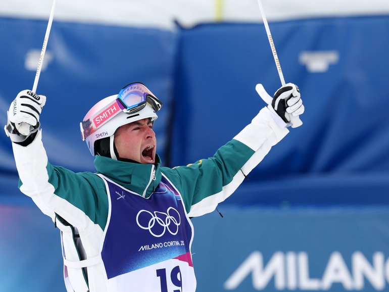 Gold medalist Cooper Woods of Team Australia reacts after winning the Men's Freestyle Skiing Moguls Final.