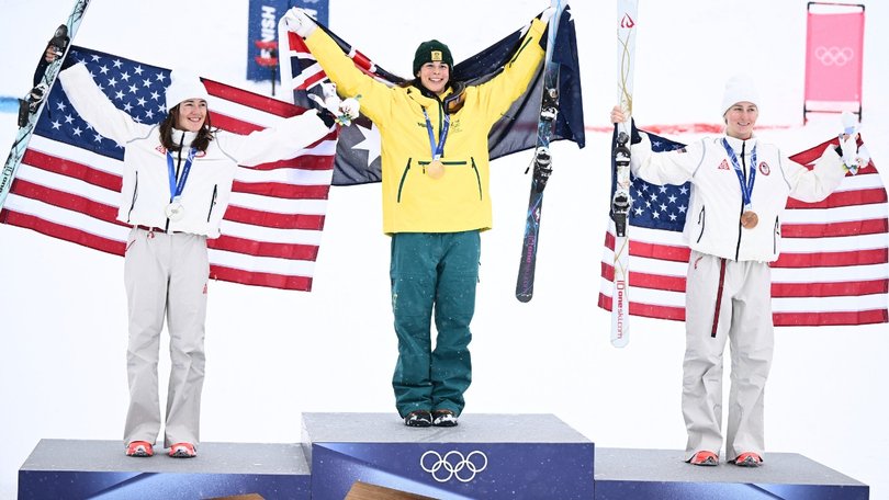 Jakara Anthony wore clothes belonging to Australian Olympic skier turned media staffer Taylah O’Neill on the podium.