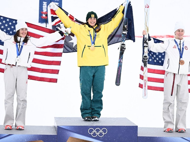 Jakara Anthony wore clothes belonging to Australian Olympic skier turned media staffer Taylah O’Neill on the podium.