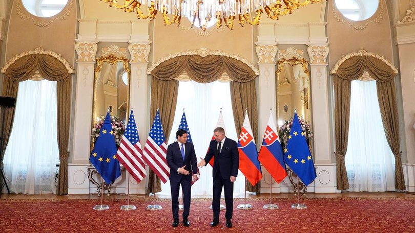 Secretary of State Marco Rubio has dropped in for talks with Slovakia's Prime Minister Robert Fico. (AP PHOTO)