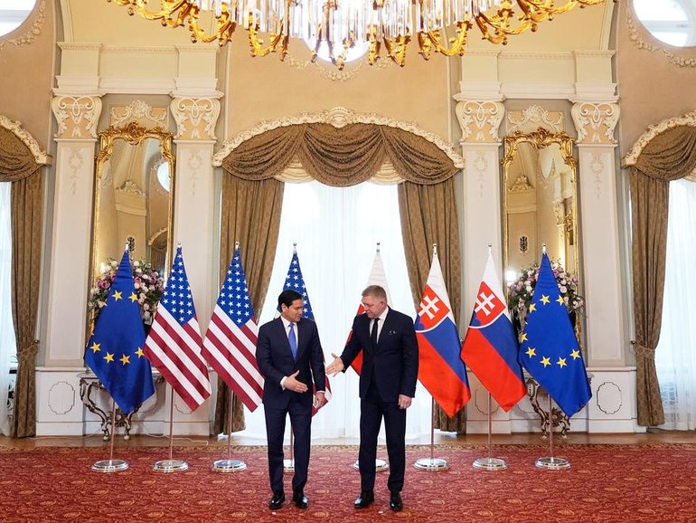 Secretary of State Marco Rubio has dropped in for talks with Slovakia's Prime Minister Robert Fico. (AP PHOTO)