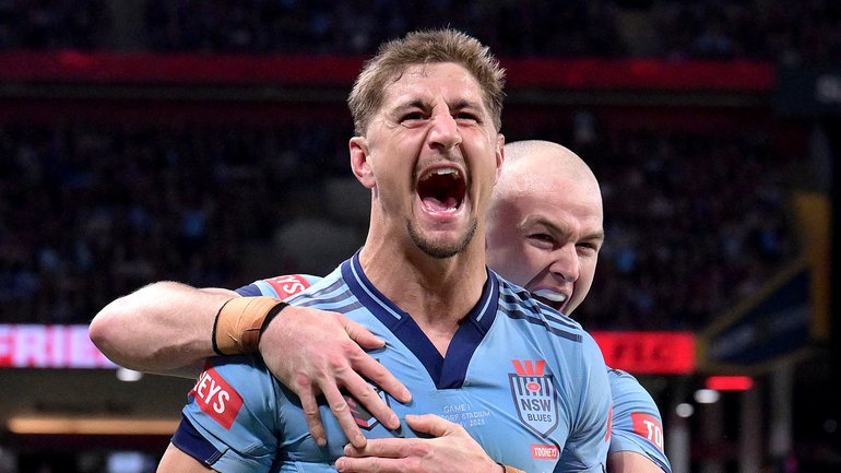 Zac Lomax celebrates scoring a try for NSW last year.