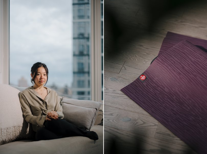 Angelina Aileen and her Manduka yoga mat. MUST CREDIT: Roshni Khatri/Bloomberg