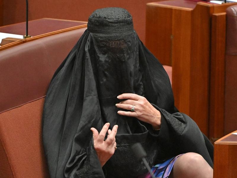 One Nation Leader Pauline Hanson performed a burqa stunt in the Senate.