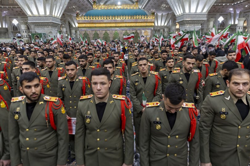 Military forces participate in the ceremony marking Khomeini's entry into Iran at the shrine of Ayatollah Khomeini in south Tehran on February 1.