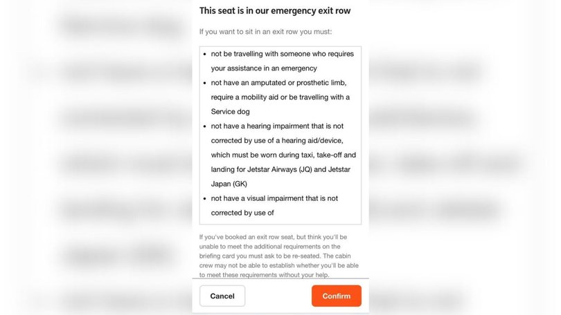 Jetstar issues a criteria for passengers to adhere to for exit row seating.