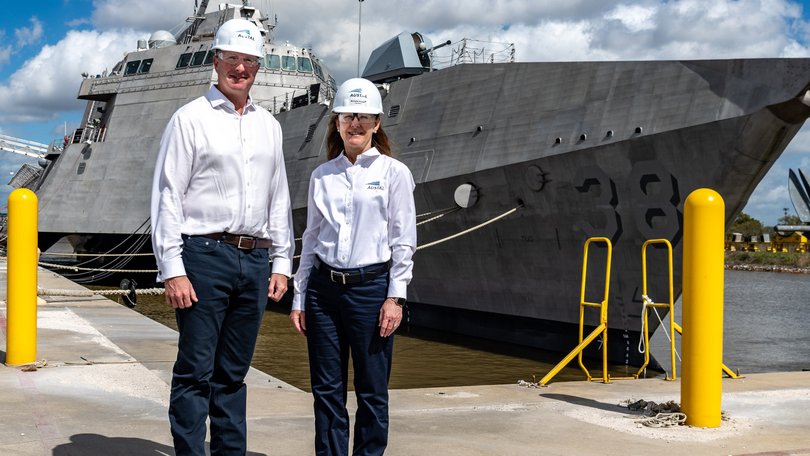 Outgoing Austal USA president Michelle Kruger, right, with Austal chief executive Paddy Gregg at the company’s Mobile, Alabama shipyard.